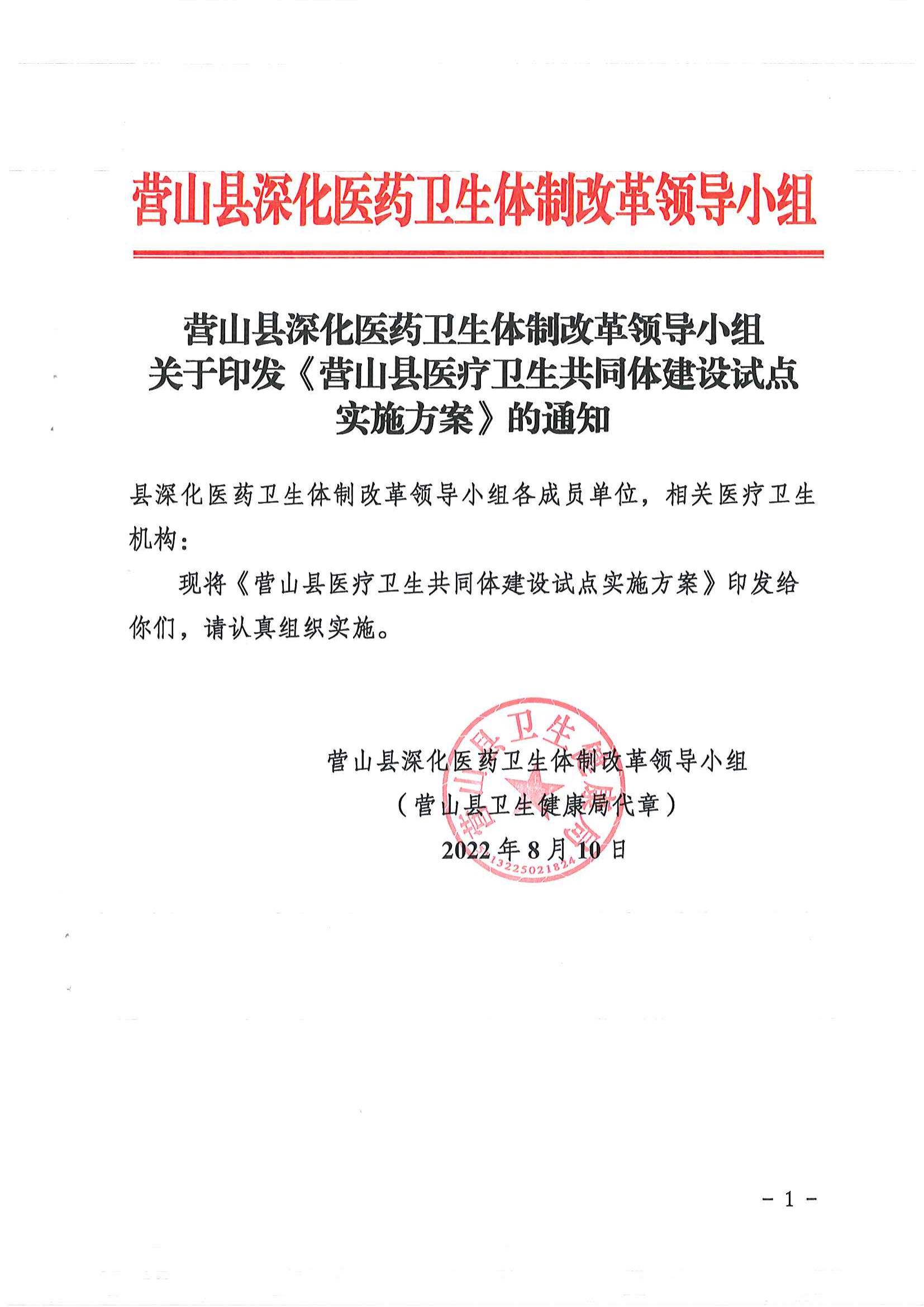 轉發營山縣深化醫療衛生體制改革領導小組關于印發《營山縣醫療衛生共同體建設試點實施方案》的通知