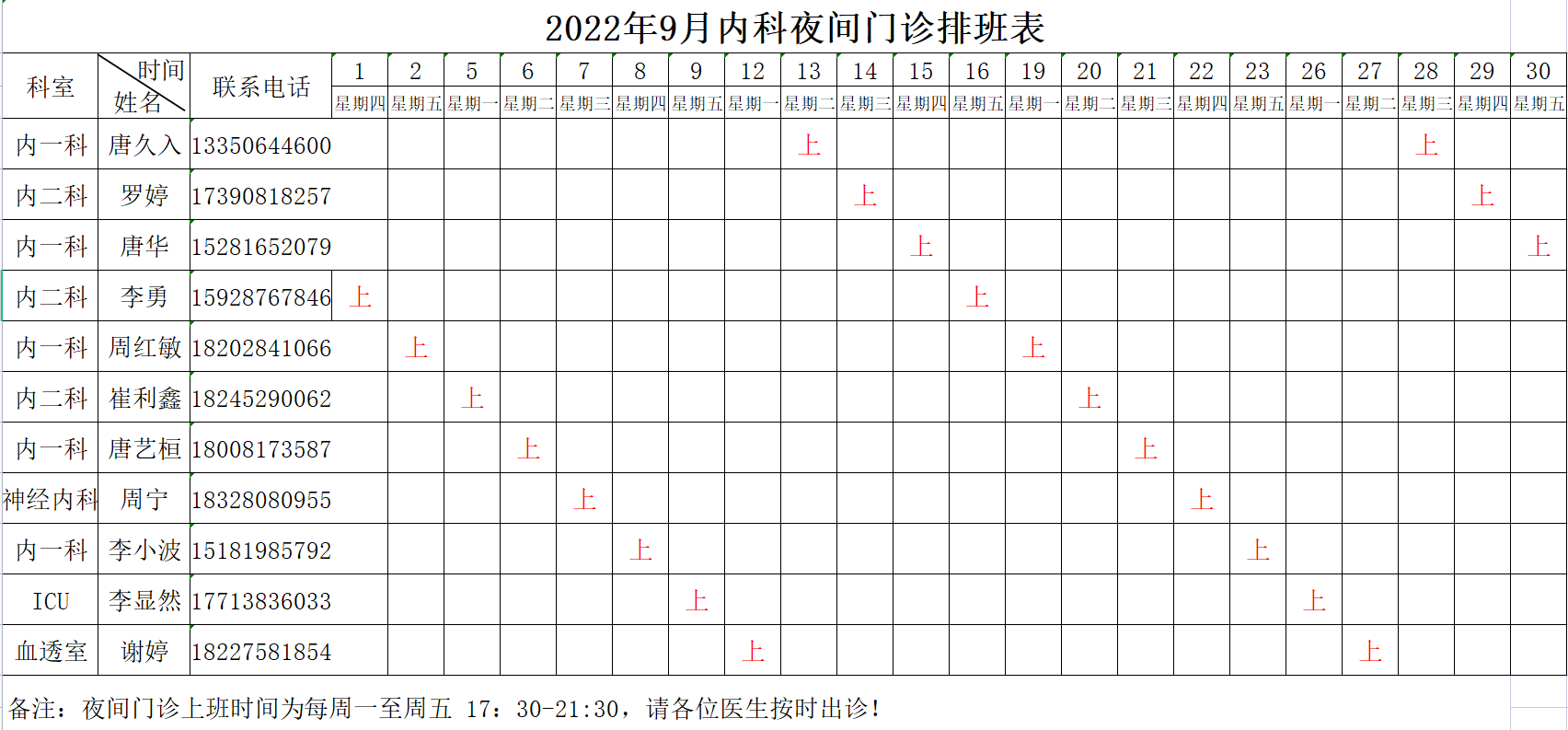 南充市身心醫(yī)院2022年9月內(nèi)科夜間門診排班表